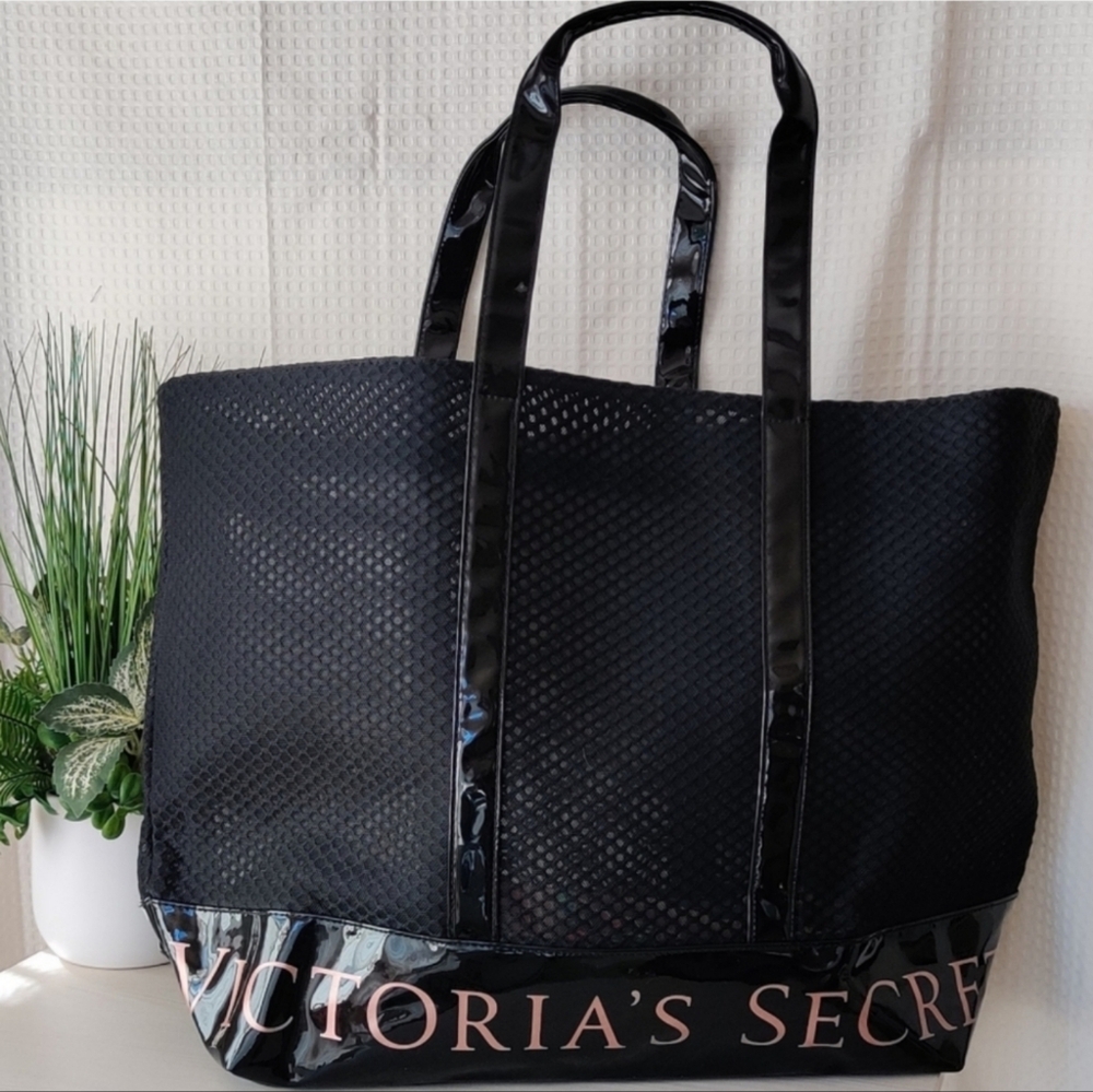 Victoria's Secret XL/Large Black Mesh Tote Bag with Rose Gold Lettering